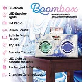 Wireless Express - Portable Party Speaker: Retro Boombox with Bluetooth, LED Light Show, Enhanced FM Radio, Rechargeable Battery (Blue Swirl)