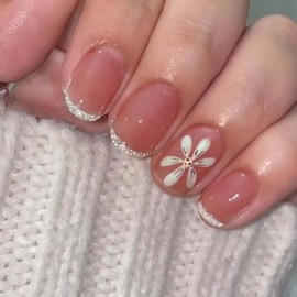 DANMANR Square Fake Medium Nails Pink False French Nails Full Cover Acrylic Fake Flower Nails for Women and Girls 24PCS