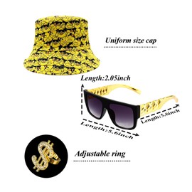 Duck 80s 90s Hip Hop Costume Kit Cool Rapper Bucket Hat Accessories Outfit Sunglasses Dollar Sign Gold Chain Unisex