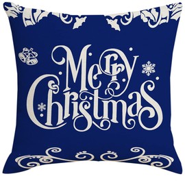Artmag 18x18 Blue Merry Christmas Throw Pillow Covers,Farmhouse Decorative Outdoor Christmas Pillow Shams Cases Slipcovers Set of 4 for Couch Sofa