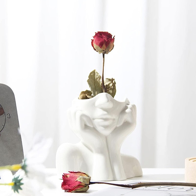 White Ceramic Face Vase - Flower Vase Desk Decor Female