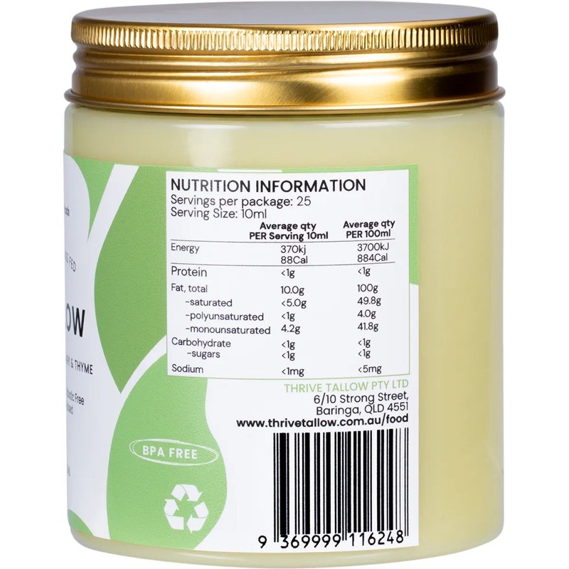 Thrive Tallow 100% Grass Fed Tallow Garlic, Rosemary & Thyme