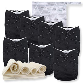 Nora's Nursery Cloth Diapers 7 Pack with 7 Inserts & 1 Wet Bag - Waterproof Cover, Washable, Reusable & One Size Adjustable Pocket Diapers for Newborns and Toddlers - Black Tie