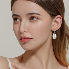 AnnChbpl Baroque pearl earrings for Women cultured freshwater Pearl Stud square love knot statement earrings 14K Gold plated Drop Dangle Jewelry bridal birthday gift for wife