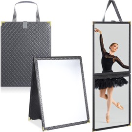 Foldable Backstage Mirror with Handle Leather Folding Hanging Mirror Rectangular for Travel Dance Bag Home Fitness Spa Gift for Dancers (Grey,33.5" l*13.4" w)