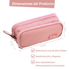 Estuche Organizador de Lápices de Gran Capacidad, Cartuchera Multifuncional con 3 Compartimentos, Lapicera de Lona para Escuela y Oficina (Color Rosa)