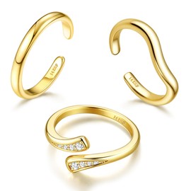 Thunaraz 3PCS 14K Gold Filled Toe Rings for Women Adjustable Gold Toe Ring Set Open Band Simple/Classic CZ Hawaiian Summer Beach Foot Jewellery Classic