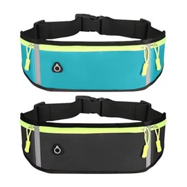 Cangurera Deportiva Bolso Cintura Elastico Ajustable Running Senderismo Ciclistas Corredores con Tiras Reflectantes Tela Transpirable (Duo Negro y Cel