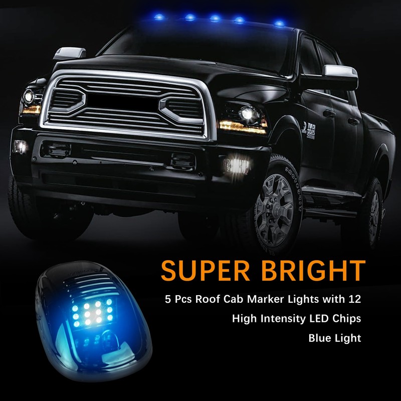 AMEXMART 5X Blue LED Cab Lights Smoked Cab Roof Running
