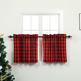 Moslovstar Buffalo Plaid Tiers Curtains Farmhouse Country Style Rod Pocket Gingham Half Curtains for Small Window, 27" x 24", Red/Black, Set of 2