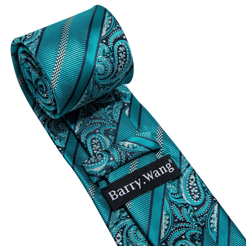 Barry.Wang Men Ties Silk Teal Paisley Necktie Set Handkerchief Cufflinks