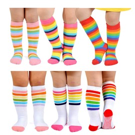 Epeius Baby Girl Rainbow Striped Knee High Socks Non-Skid Uniform Tube Stockings for Infant,Toddler and Child