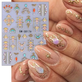 2 Sheets Bohemian Style Nail Stickers for Nail Art Embossed Star Moon Sun Nail Art Stickers 5D Self-Adhesive Bohemia Designs Nail Decals Gold Nail Supplies for Women DIY Manicure Decor