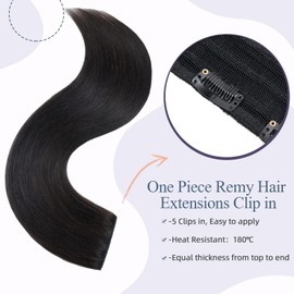 One Piece Hair Extension Clip in Human Hair 24inch Thick 100% Real Remy Hair Straight 3/4 Half Head (24"-105g, 1B Natural Black)