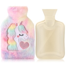 Hot Water Bottle with Cover Removable and Washable Soft Unicorn Plush Bottle Cover Warm Winter Natural Rubber 1L for Neck Waist Back Legs Shoulder (Red)