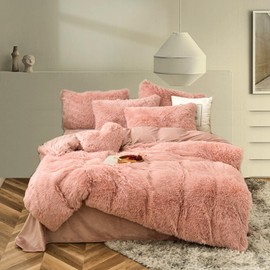 MorroMorn Luxury Shag Fluffy Comforter Cover Set, Shaggy Faux Fur Duvet Cover Sets - 5 Pcs Plush Quilt Cover Pillowcases Velvet Fitted Sheets, Fuzzy Bed Set for King Size Bed Blush Pink