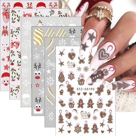 6Sheets Christmas Snowflake Elk Nail Stickers Xmas Winter 3D Self-Adhesive Cute Animal Santa Claus Nail Decals Shiny Cute Cartoon Winter Xmas Holly New Year Nail Design for Women Nail Art Decoration