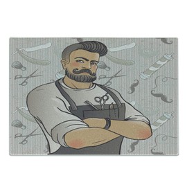 Ambesonne Hipster Cutting Board, Muscular Barber Man with Hipster Hairstyle and Mustache on Graphic Shaving Elements, Decorative Tempered Glass Cutting and Serving Board, Small Size, Multicolor