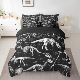 Feelyou Dinosaur 7 Pieces Bedding Set Dinosaur Skull Bed in a Bag for Kids Teens Adults 3D Dino Print Full Comforter Set with Sheets Jungle Dino Bed Set Room Decor, White Black