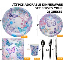 175Pcs Butterfly Birthday Party Supplies Set 9"Butterfly Dinner Plates 7"Pink Butterfly Dessert Plates Napkins Cup Knive Fork Spoon for Bridal Shower Butterfly Girl Party Birthday Decorations (purple)