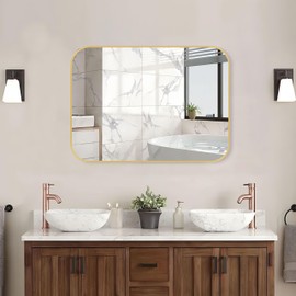 FARMER 20x30 Inch Gold Bathroom Mirrors for Wall, Brushed Brass Bathroom Vanity Mirror with Rounded Edge, Metal Framed Rectangle Mirrors for Bathroom or Living Rooms, Hangs Horizontally or Vertically