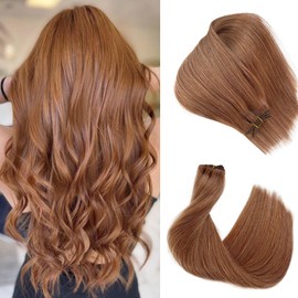 Auburn Sew in Hair Extensions Real Human Hair, 14 Inch 80G Auburn Brown Hand Tied Human Hair Weft Extensions Silky Straight Hand Tied #30 Auburn Brown Sew in Weave Bundles for Women