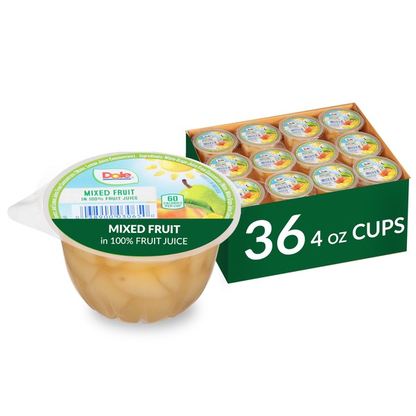 Dole Fruit Bowls Mixed Fruit in 100% Juice, Back To School, Gluten Free Healthy Snack, 4oz, 36 Total Cups