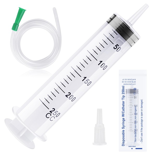 250 ml Syringe with Hose, Plastic Syringe with Cap, Large