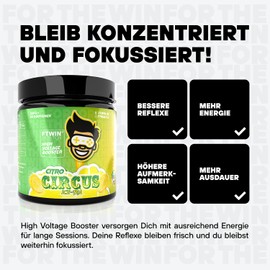 FTWIN HIGH VOLTAGE BOOSTER | For Gamers and E-PORTLERS | Reflex - Focus - Energy - Endurance | 320 g = 40 Servings (320 g, Citro Circus)