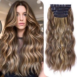 Clip in Hair Extensions 4PCS Wavy Clip in Extensions Wavy Light Brown Highlighted Honey Blonde Hair Extension for Women Full Head Hair 20 Inch Thick & Soft for Wedding Use
