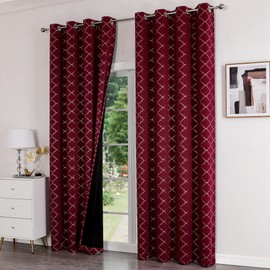 Full Blackout Curtains Thermal Insulated Drapes 84 Inch Long for Bedroom, Burgundy Red Drapery with Gold Geometric Pattern Room Darkening Grommet Window Curtain for Living Room, 2 Panels