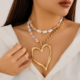 Large Heart Necklaces for Women Chunky Love Pearl Choker Necklaces Exaggerated Large Hollow Heart Pendant Necklace Statement Necklace for Women Dainty Jewelry Gifts (gold)