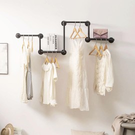 Industrial Pipe Clothing Rack with 2 Floating Shelves, 4 Hanging Rods Wall Mounted Garment Rack, Heavy Duty Iron Clothes Bar, Space-Saving Clothing Hanging Rails for Closet (4 hanging rods 2 shelves)
