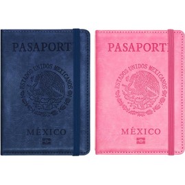 2 Pack Porta Pasaporte y Visa Mexicano para 2 Personas Funda Pasaporte con 10 Compartimientos para Parejas con Protección RFID (Azul Oscuro y Rosa))