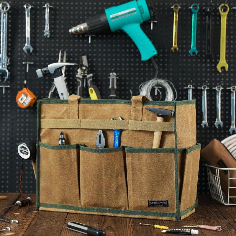 Tool Tote with 6 Pockets & Handle, Durable Waxed Canvas