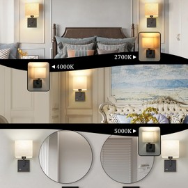 AVV Wall Sconce Lighting, Bedside Wall Mount Light with USB Port, AC Outlet and 3 Color 2700K/4000K/5000K Selectable, Fabric Linen Shade, Wall Lamps for Bedroom Living Room Hotel, Hardwire, Black, 2PK