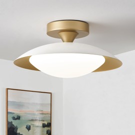 ONESMING Dimmable White and Gold Ceiling Light, Mid-Century Semi-Flush Mount Ceiling Light, Modern LED Lighting Fixture, 5CCT 2700K-6000K Ceiling Lamp for Bedroom Hallway Laundry Room Kitchen 11.8 in
