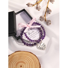 Jovivi 2pcs Love Heart Healing Crystal Bracelets for Women Natural Amethyst Stone Beaded Bracelet Set for Mom Mother Daughter Matching Puzzle Heart Charm Bracelet Jewelry Mother's Day Gift
