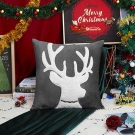 BRAWARM Christmas Pillow Cover 18 X 18 Inches, Gray Reindeer Embroidered Pillow Cover, Soft Velvet Decorative Throw Pillow for Couch Bed Sofa Living Room Home