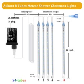 Aukora - Luces blancas de Navidad para exteriores, enchufe UL, 24 tubos 576 LED, luz de lluvia de meteoros, carámbano en tandemable, luz de lluvia para árbol de Navidad, Halloween, decoraciones de