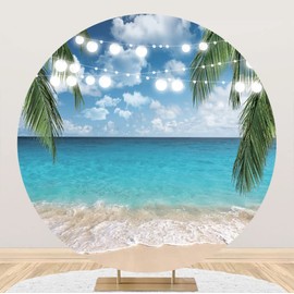 Laeacco 7.2x7.2ft Tropical Beach Round Backdrop Cover Seaside Ocean Palm String Lights Summer Photo Background Blue Sky White Clouds Round Backdrop for Birthday Bridal Shower Party Photo Booth Props
