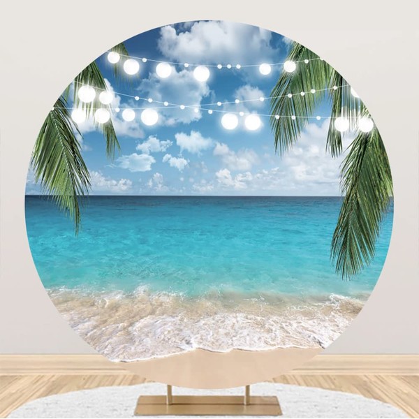Laeacco 7.2x7.2ft Tropical Beach Round Backdrop Cover Seaside Ocean Palm