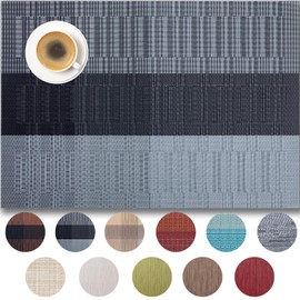 Placemats Set of 4 - Easy Clean Woven Vinyl Placemats for Dining Table, Indoor/Outdoor Place Mats, Washable PVC Table Mats （Silver Gray Black）