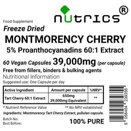 Nutrics® 39,000mg (per Capsule) 5% Proanthocyanadins Montmorency Tart Cherry Extract 60 V Capsules (2 Months Supply) - 100% Pure, No fillers Binders or Bulking Agents (30)