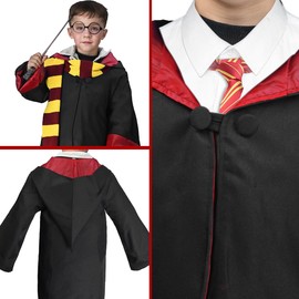 Taikuray Wizard Cosplay Costume Complete Props Accessories Gifts for Birthday Party Magic Robe Magic Wand Eyeglass Frame Knit Scarf Tie Necklace Set（6-8 years）