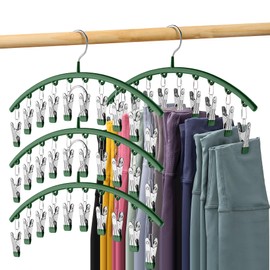 Legging Organizer for Closet, Metal Yoga Pants Hangers 4 Pack w/10 Clips Holds 40 Leggings, Space Saving Hanging Closet Organizer w/Rubber Coated Closet Organizers and Storage, Green