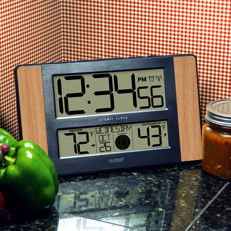 La Crosse Technology Atomic Digital Clock with Outdoor Temperature, Wood