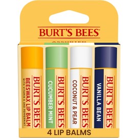 Burt's Bees - Bálsamo labial de cera de abejas, menta, pepino, coco y pera y vainilla, con cera de abejas de origen responsable, sin tinte, tratamiento labial de origen natural, 4 tubos, 0.25 onzas