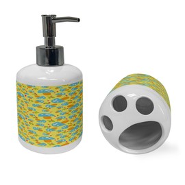 Ambesonne Mushroom Soap Dispenser & Toothbrush Holder Set, Woodland Cartoon Blue Mushrooms in Drawing on Yellow Background, Ceramic Bathroom Toiletry Accessories, 2 Pcs, Yellow Multicolor