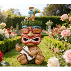 Tiki Man with Guitar and Toucan Statue Resin Tiki Figurine for Garden DecorColor: Brown, Size: One Size